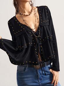 Bohemela 波西米亚风圣诞新年休闲纯色梭织长袖宽松女式衬衫，冬季款 - 黑色 - 查看 2