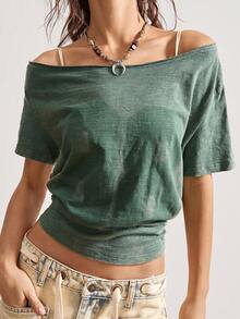 Bohemela 波西米亚风度假风不对称肩部纯色针织宽松圆领女式T恤 - 綠色 - 查看 1