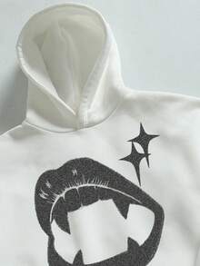 Manfinity ZONE917 Men's Street Hip Hop Vampire Teeth Print Loose Cropped Drop Shoulder Hoodie Hoodie With Fangs White Graphic Hoodie Vampire Fangs Hoodie