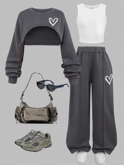 SHEIN 少女休闲日常纯色短款连帽衫、印花背心和工装裤三件套，秋冬季