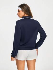 Eassivo Eassivo 女士条纹长袖拉链休闲健身运动Polo衫