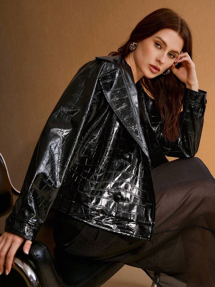 VESTE COURTE POUR FEMMES en PU motif de crocodile BRILLANT AVEC COL