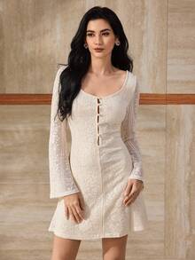 Modelyn Women's Sexy Lace Off Shoulder Cinched Waist A-Line Long Sleeve Dress, Autumn - Apricot - View 3