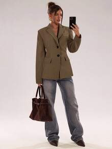 SHEIN BAE Women's Casual Single-Breasted Long Sleeve Blazer - Khaki - View 4
