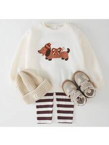 THE HAPPY LOOK 2pcs/Set Young Girl Cartoon Animal Pattern Knit Soft Crew Neck Long Sleeve Sweatshirt And Striped Elastic Waist Flared Pants Set - Multicolor - View 1