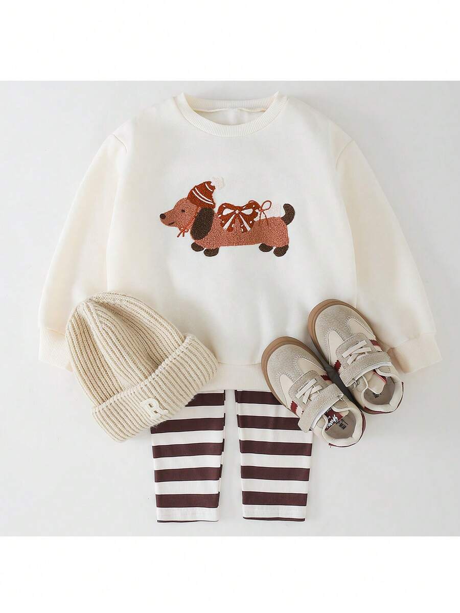 THE HAPPY LOOK 2pcs/Set Young Girl Cartoon Animal Pattern Knit Soft Crew Neck Long Sleeve Sweatshirt And Striped Elastic Waist Flared Pants Set - Multicolor - View 1