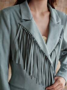 MOTF PREMIUM WOMEN'S ELEGANT FRINGE LAPEL COLLAR BLAZER - Teal Blue - View 3