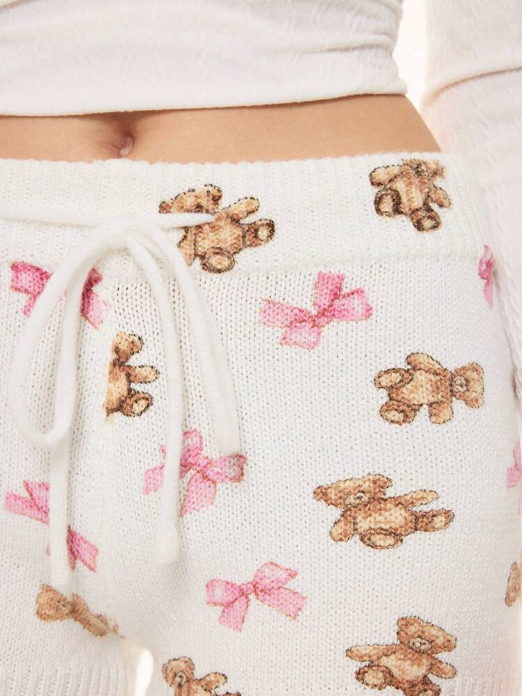 ROMWE Kawaii Cute Bear & Bow Drawstring Elastic Waist Knitted Women's Low-Rise Shorts - White - View 9