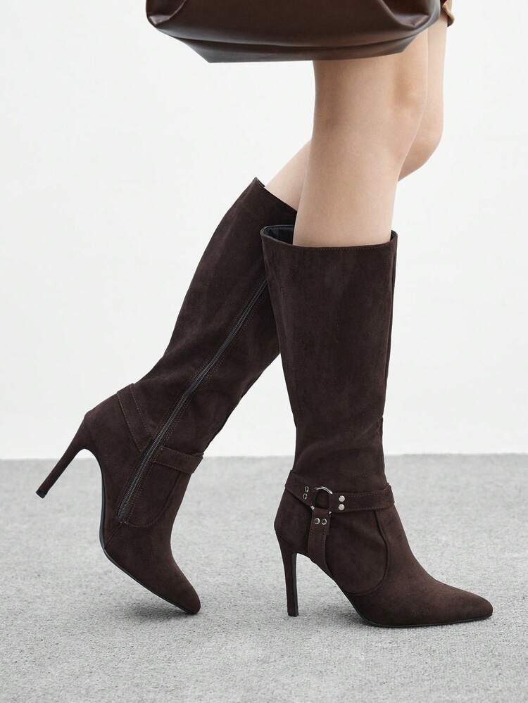 CUCCOO BIZCHIC High-Quality Brown Suede Buckle Commuter Ankle Boots, Pointed Toe Slim Heel Elegant Women's Boots, Fashionable Versatile New Tall Boots, Showcasing Feminine Charm And Elegant