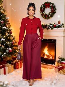 SOLERSUN Pantaloni eleganti da donna, stile old money, rosso vino, adatti per uscite, Natale, Ognissanti, autunno e inverno - Bordò - Visualizzare 1