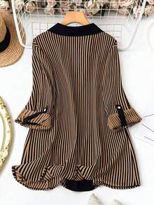 SHEIN LUNE 大码女式条纹卷袖纽扣设计休闲宽松衬衫 - 摩卡棕 - 查看 2