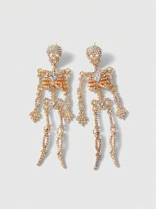 ROMWE Goth 2pcs Fully Rhinestone Halloween Skull Earrings, Suitable For Daily Wear - Gold - View 2