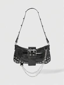 ROMWE Grunge Punk Túi đeo vai trang trí xích thời trang & đa năng, thích hợp cho phụ nữ đi làm hàng ngày - màu đen - Xem 2