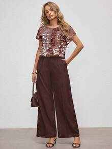 Shutterstock Glamance 棕色亮片休闲简约女式圆领衬衫，闪亮派对上衣，新年亮片女式金属闪光上衣 - 彩色 - 查看 4