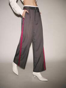 Lumivelle 条纹印花口袋褶裥休闲女裤 - 灰色 - 查看 6