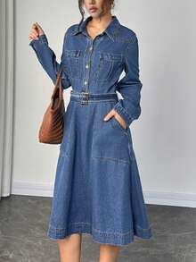 Elenzga Women's Solid Color Casual Long Sleeve Denim Dress - Blue - View 3