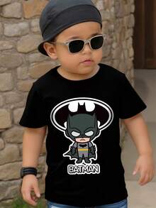 BATMAN X SHEIN Young Boy Casual Short Sleeve Crew Neck T-Shirt, Suitable For Summer