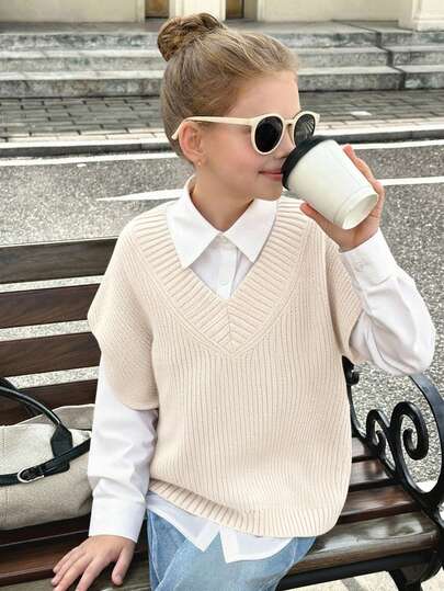 SHEIN Tween Girl Casual Loose Solid Color Oversized V-Neck Mid-Length Sweater Vest