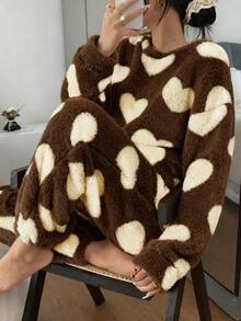 SHEIN 女士可爱爱心图案加厚抓绒睡衣套装，长袖上衣和裤子，秋冬爱心睡衣套装，咖啡色睡衣，秋季服装，蓬松舒适 - 彩色 - 查看 4