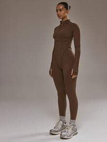 Musera Sport 撞色滚边拉链露背修身长袖连体裤，适合板式网球、运动健身、瑜伽、普拉提、日常休闲穿着。 - 咖啡棕 - 查看 6