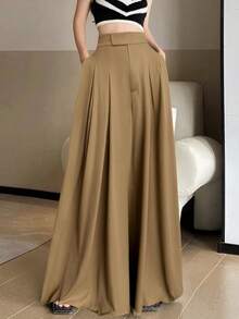 SHEIN EZwear 大码褶裥休闲阔腿裤，春夏款 - 卡其色 - 查看 5