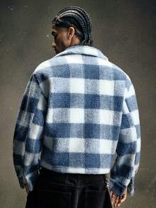 AXEPEAK Men's Plaid Shirt Autumn And Winter Teddy Velvet Thick Fabric Warm And Comfortable, Long Sleeve Top - Blue - View 3