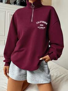 SHEIN EZwear 休闲简约加州字母印花宽松半拉链高领轻薄女式卫衣，适合秋冬季节穿着，红色图案，新年派对必备 - 中紫紅色 - 查看 5