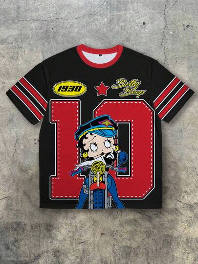 Betty Boop x SHEIN Men's Casual Letter & Cartoon Graphic Round Neck Short Sleeve T-Shirt, Summer