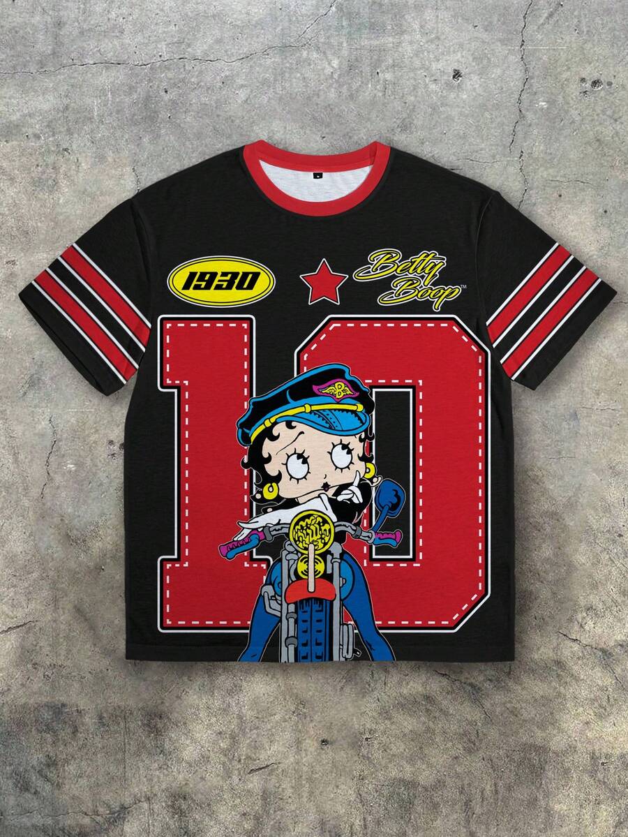 Betty Boop x SHEIN 男士休闲字母和卡通图案圆领短袖T恤，夏季 - 白色 - 查看 1
