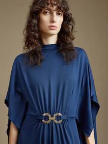 Ontre 女士纯色立领褶皱金属环装饰连衣裙 - 寶藍色 - 查看 3