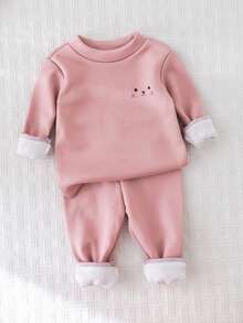 SHEIN 2pcs Tween Girls Cartoon Print Crew Neck Raglan Sleeve T-Shirt And Pants Thermal Lined Comfortable Outfit Set, Autumn/Winter - Pink - View 3