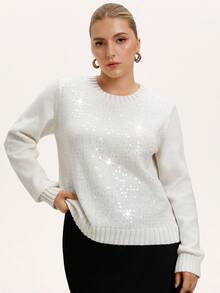 GENKIRA French Crew Neck Sequin Embellished Relaxed Fit Pullover Sweater - White - View 3