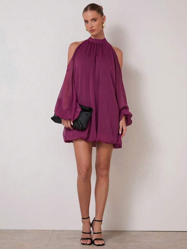 COSMINA Women's Elegant Halter Neck Cold-Shoulder Long Sleeve Bubble Hem Dress, All Season, Plum Dress,  Dress Purple,  Cold Shoulder Dress,  Lantern Sleeve Dress
