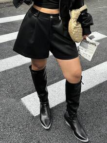 Dazy Plus Plus Size Women Casual Solid Color Short Straight PU Shorts, Autumn/Winter - Black - View 6
