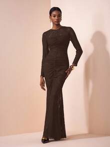 Zivah 2025 春夏新品 音乐节、复活节、圣帕特里克节、西部风、游牧风、生日派对、毕业典礼、学院风、学生风、日常休闲、基本百搭、休闲、邮轮旅行、海滩、日光浴、网络红、街头服饰、婚礼宾客波西米亚风、通勤、早午餐、机场、女士黑色蕾丝半透明长袖褶饰鱼尾长裙 - 棕色 - 查看 3