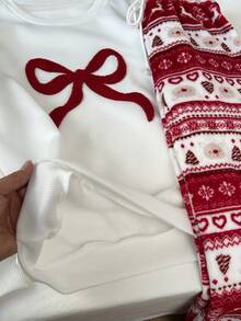SHEIN Unity 1 Stück Weihnachtsparty Sweatshirt mit Schleifen-Muster in Rot & Weiß, thermisch gefüttert, Langarm und 1 Stück Weihnachtsbaum & Hirsch Plüsch Loungewear Set mit Kordelzug für Damen - Verschiedenfarbig - Übersicht 8