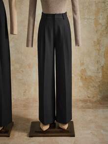 Anewsta Petite 优雅通勤中腰褶裥设计女士西装裤，纯色直筒裤，娇小款，深灰色 - 深灰色 - 查看 7