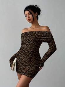 Aloruh 女士休闲优雅露肩修身露背长袖迷你连衣裙，性感豹纹印花 - 彩色 - 查看 5