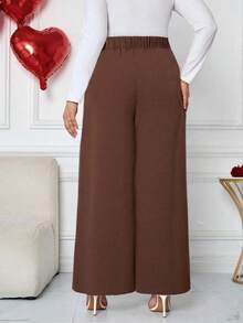 SHEIN Tall CURVE 大码女式简约休闲时尚高腰纹理阔腿裤 - 咖啡棕 - 查看 2