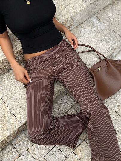 Sunnyshic Women's Brown Low-Waist Striped Flare Leg Pants, All-Match Versatile Professional , Office Wear, Fashionable Casual Streetwear, High-End Commuter