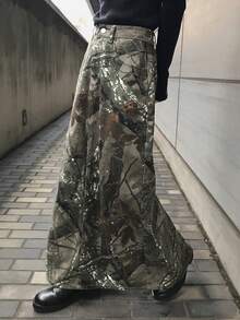 FRIFUL Chân váy ngắn denim in họa tiết graffiti phối màu tương phản, dáng rộng, thời trang nữ. - màu xanh lá - Xem 1