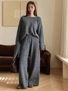 Dazy-Less 2pcs Women's Loose Business Casual Elegant Gray Design Crew Neck Knit Sweater And Pants Set, Autumn/Winter Long Sleeve Tops - Grey - View 5