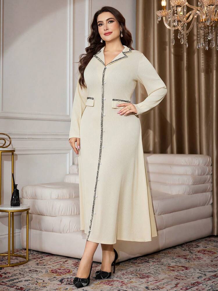 Modelyn رمضان فستان طويل مُحبك بلون سادة أنيق مقاسات كبيرة، خريف/شتاء - لون مشمشي - مشاهدة 3