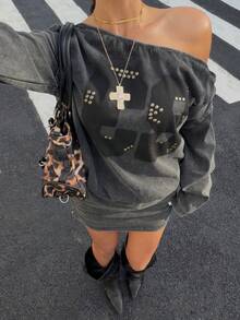 Muchica Women's Dark Grey Asymmetric Shoulder Sequin Letter Print Mini Dress,Punk Streetwear Autumn Winter Clothes,Black Washed Casual Night Out Outfits - Grey - View 3