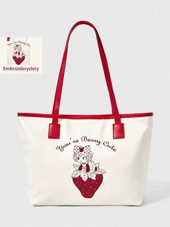 Kawaii Damen-Tragetasche im Retro-Stil mit süßem Erdbeermädchen, vielseitige Pendlertasche mit großem Fassungsvermögen, Artikelnr. 303675