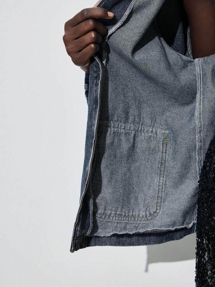 SHEIN Maija Damen Herbst Kontrast Farbe Kragen Raglan Ärmel Reißverschluss Vorne Lässige Denim Jacke