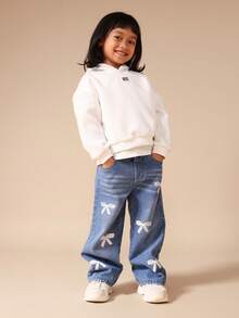 SUMWON Embellished Wide Leg Jeans With Pearl Studs And Bow Appliques For Kids - Medium Wash - View 6