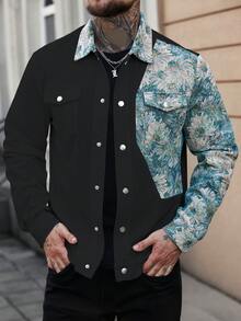 Manfinity CasualCool 男士休闲日常撞色印花长袖夹克 - 黑色 - 查看 3