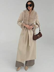 Aloruh Damen eleganter Mantel mit Kunstfellbesatz an Ärmeln und Kragen, Herbst/Winter - Khaki - Übersicht 9