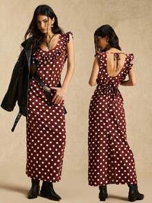 Easelle Vintage Women's Lace Trim, Polka Dot, Printed Long Dress Backless Ruffle  Long Summer Dress For Women  Party - Brown - View 7